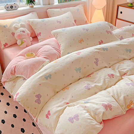 Lenjerie De Pat Cocolino 4 Piese Cu Elastic - Roz Cu Fundite Colorate [7]