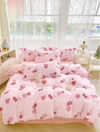 Lenjerii Cocolino - Pat Dublu - Lenjerie De Pat Cocolino 4 Piese Cu Elastic - Roz Cu Cirese Si Inimioare