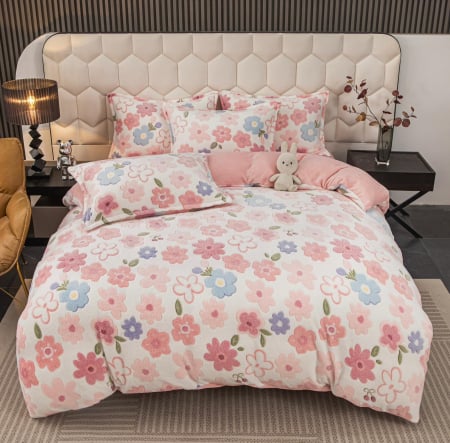 Lenjerii De Pat Cocolino - Lenjerie De Pat Cocolino 4 Piese Cu Elastic - Roz Cu Floricele