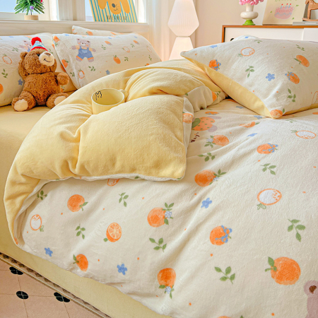Lenjerie De Pat Cocolino 4 Piese Cu Elastic - Galben Cu Ursuleti, Portocale Si Floricele [7]