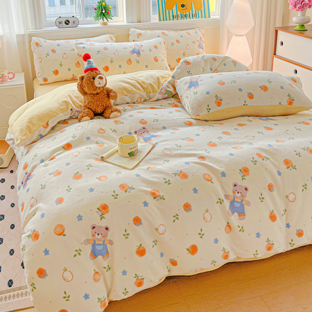Lenjerie De Pat Cocolino 4 Piese Cu Elastic - Galben Cu Ursuleti, Portocale Si Floricele [6]