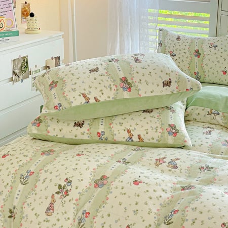 Lenjerie De Pat Cocolino 4 Piese Cu Elastic - Verde Cu Ciupercute Si Iepurasi [4]