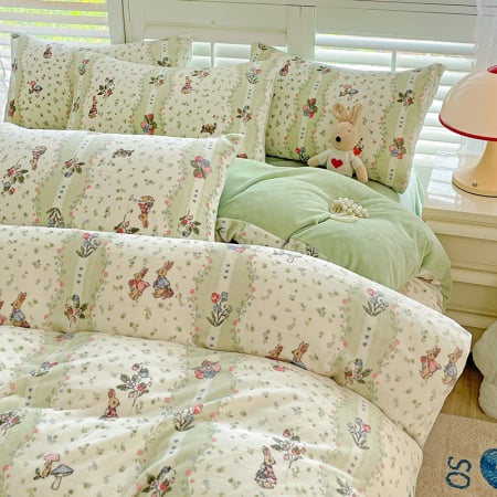 Lenjerie De Pat Cocolino 4 Piese Cu Elastic - Verde Cu Ciupercute Si Iepurasi [6]