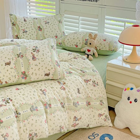 Lenjerie De Pat Cocolino 4 Piese Cu Elastic - Verde Cu Ciupercute Si Iepurasi [11]