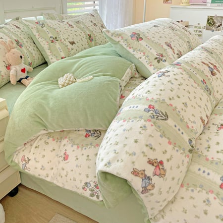 Lenjerie De Pat Cocolino 4 Piese Cu Elastic - Verde Cu Ciupercute Si Iepurasi [5]