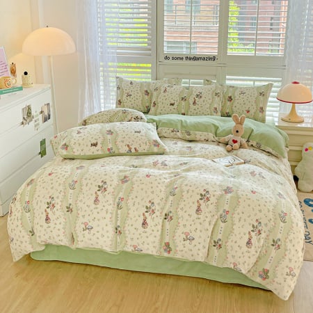 Lenjerie De Pat Cocolino 4 Piese Cu Elastic - Verde Cu Ciupercute Si Iepurasi [3]