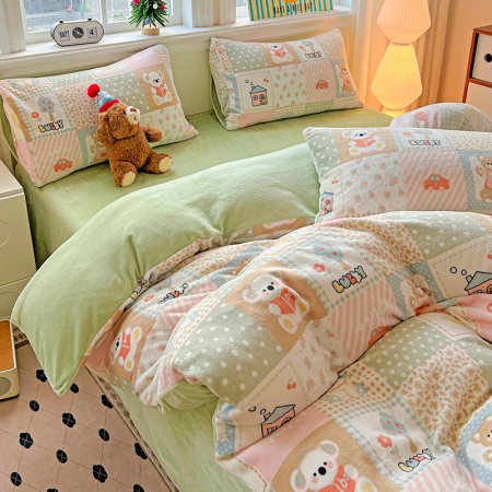 Lenjerie De Pat Cocolino 4 Piese Cu Elastic - Verde Cu Patratele [8]