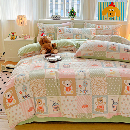 Lenjerie De Pat Cocolino 4 Piese Cu Elastic - Verde Cu Patratele [3]