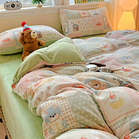 Lenjerie De Pat Cocolino 4 Piese Cu Elastic - Verde Cu Patratele [11]