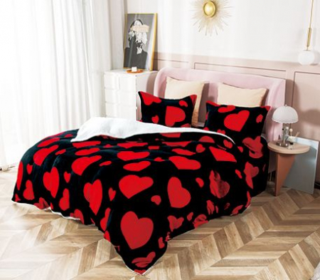 LENJERII DE PAT - Lenjerie De Pat Cocolino Cu Blanita 4 Piese - Neagra Cu Inimi Rosii