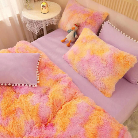 LENJERII DE PAT - Lenjerie De Pat Pufoasa FLUFFY - Lila/Portocaliu Cu Ciucuri
