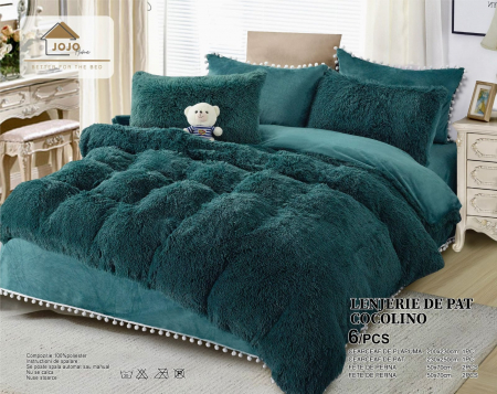 LENJERII DE PAT - Lenjerie De Pat Pufoasa FLUFFY - Verde Smarald Cu Ciucuri