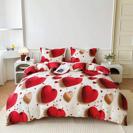 LENJERII DE PAT - Lenjerie de Pat Cocolino Groasă 4 Piese cu Elastic - Crem Cu Inimioare Rosii