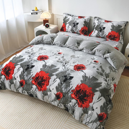 Cearceaf cu elastic 4 piese - Lenjerie de Pat Cocolino Groasă 4 Piese cu Elastic - Gri Cu Flori De Mac