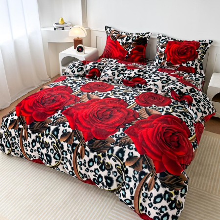 Cearceaf cu elastic 4 piese - Lenjerie de Pat Cocolino Groasă 4 Piese cu Elastic - Trandafiri Si Leopard