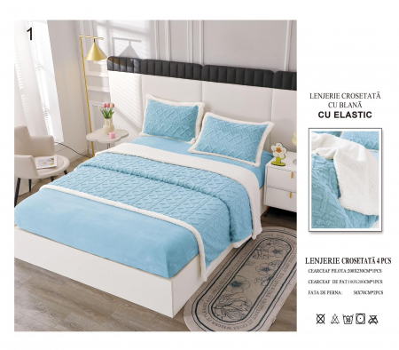 LENJERII DE PAT - Lenjerie De Pat Tricotata Cu Blanita Si Elastic - Bleu