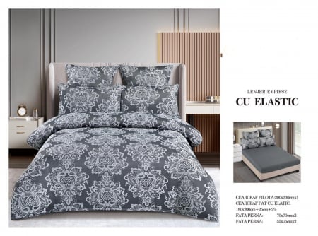 LENJERII DE PAT - Lenjerie De Pat Cu Elastic Model Jacquard - Gri Inchis Royal