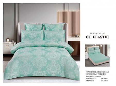 LENJERII DE PAT - Lenjerie De Pat Cu Elastic Model Jacquard - Verde Mint Royal