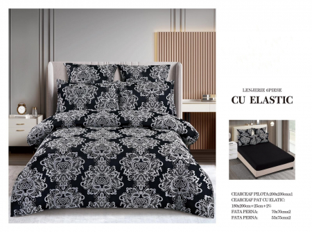 LENJERII DE PAT - Lenjerie De Pat Cu Elastic Model Jacquard - Negru Royal