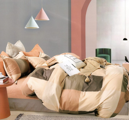 Bumbac 100% - Lenjerie De Pat Din Bumbac 100% - Bej Si Maro In Carouri