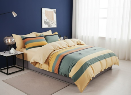 Bumbac 100% - Lenjerie De Pat Din Bumbac 100% - Galben Deschis Cu Dungi Colorate