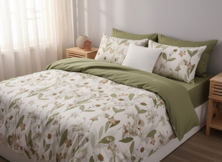 Bumbac 100% - Lenjerie De Pat Din Bumbac 100% - Kaki Cu Flori