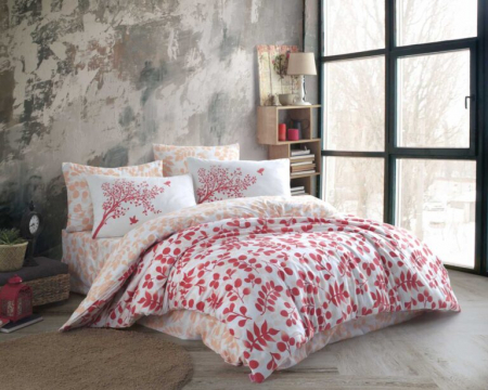 LENJERII DE PAT - Lenjerie De Pat Din Bumbac 100% Ranforce - Light Red Leafs