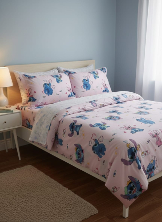 Bumbac 100% - Lenjerie De Pat Din Bumbac 100% Ranforce Pat Dublu - Stitch Poznas Roz