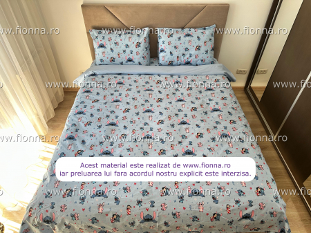 Cearceaf cu elastic - Lenjerie De Pat Din Bumbac 100% Ranforce Pat Dublu - Stitch Si Lilo La Joaca