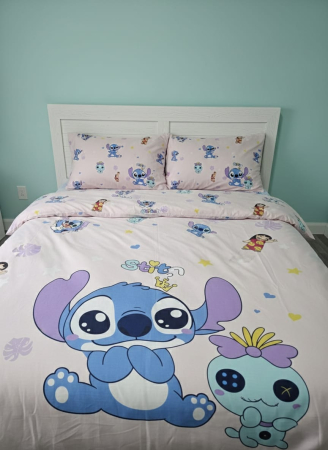 Bumbac 100% - Lenjerie De Pat Din Bumbac 100% Ranforce Pat Dublu - Stitch Si Lilo Roz