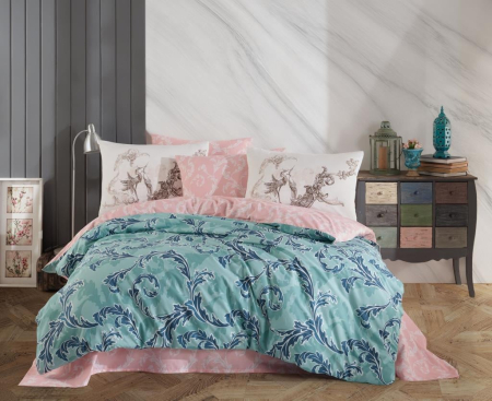Bumbac 100% - Lenjerie De Pat Din Bumbac 100% Ranforce - Roz Si Turcoaz