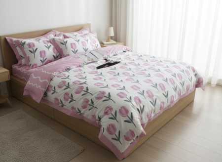 Bumbac 100% - Lenjerie De Pat Din Bumbac 100% - Roz Cu Lalele
