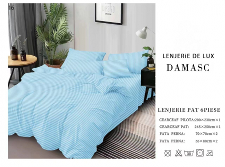 Bumbac Tip Damasc - Lenjerie De Pat Din Damasc 6 Piese - Bleu