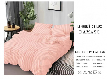 Bumbac Tip Damasc - Lenjerie De Pat Din Damasc 6 Piese - Roz Piesica