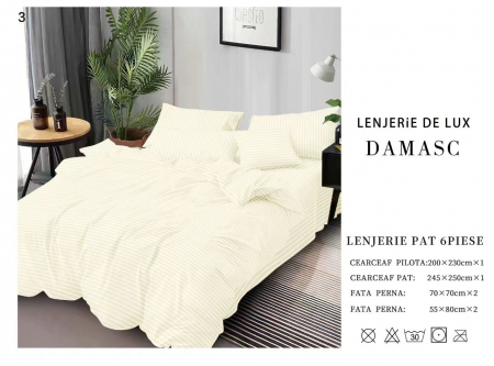 Bumbac Tip Damasc - Lenjerie De Pat Din Damasc 6 Piese - Crem