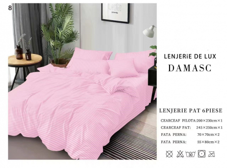 Bumbac Tip Damasc - Lenjerie De Pat Din Damasc 6 Piese - Roz Bonbon