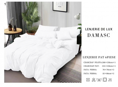 Bumbac Tip Damasc - Lenjerie De Pat Din Damasc 6 Piese - Alb