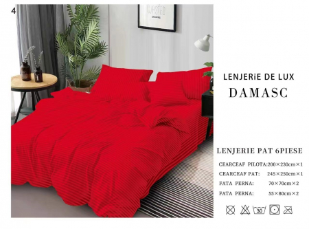 Bumbac Tip Damasc - Lenjerie De Pat Din Damasc 6 Piese - Rosu