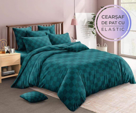 Bumbac Tip Damasc - Lenjerie De Pat din Damasc Finetat Cu Elastic - Verde Patratele