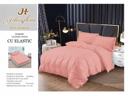 Lenjerie De Pat Din Damasc Finetat Cu Elastic 1 Persoana - Roz [1]