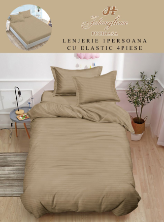 Cearceaf cu elastic - Lenjerie De Pat Din Damasc Finetat Cu Elastic 1 Persoana - Bej Nisipiu
