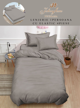 Lenjerii Bumbac Tip Damasc - 1 Persoana - Lenjerie De Pat Din Damasc Finetat Cu Elastic 1 Persoana - Gri Mineral