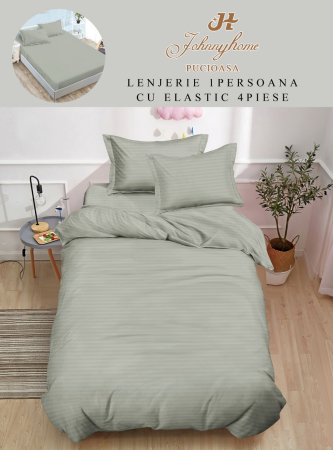 Lenjerii Bumbac Tip Damasc - 1 Persoana - Lenjerie De Pat Din Damasc Finetat Cu Elastic 1 Persoana - Gri Verzui