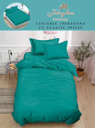 Cearceaf cu elastic - Lenjerie De Pat Din Damasc Finetat Cu Elastic 1 Persoana - Turcoaz