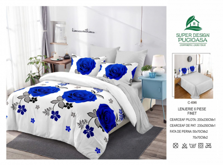 Bumbac Tip Finet 6 Piese - Lenjerie De Pat Din Finet - Royal Blue Roses