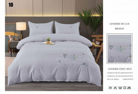 LENJERII DE PAT - Lenjerie De Pat Din Finet Cu Broderie - Gri Cu Frunze