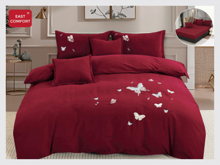 LENJERII DE PAT - Lenjerie De Pat Din Finet Premium Cu Broderie Si Elastic - Bordo Cu Fluturasi