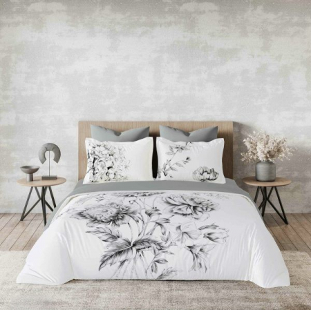 LENJERII DE PAT - Lenjerie De Pat Din Finet Imprimat Digital Cu Elastic - Alb Cu Floricele Gri