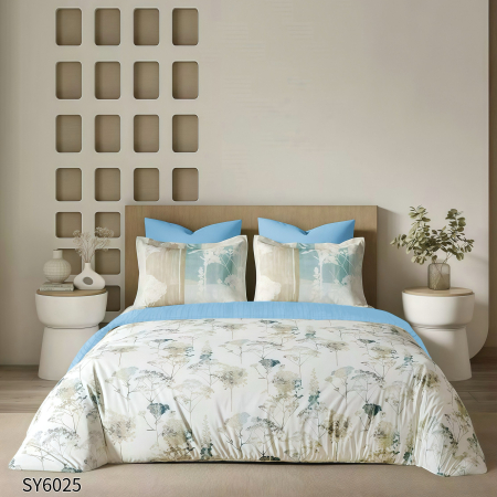 LENJERII DE PAT - Lenjerie De Pat Din Finet Imprimat Digital Cu Elastic - Albastru Deschis Cu Copaci