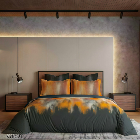 LENJERII DE PAT - Lenjerie De Pat Din Finet Imprimat Digital Cu Elastic - Negru Si Caramiziu